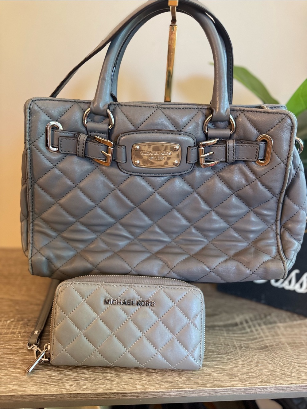 Michael Kors Quilted Satchel and Wallet Set in Gray